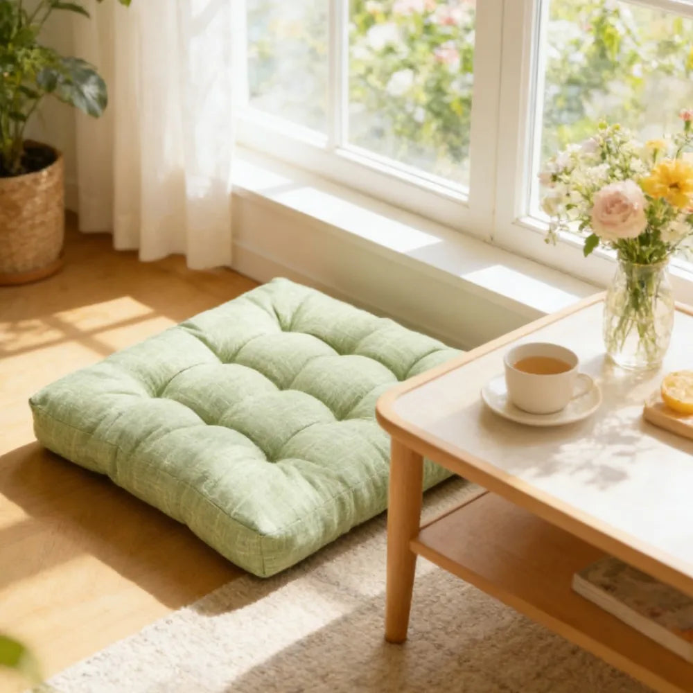 Green Linen Floor Seat Cushion Pillow Gift Round Large Pillows Seating for Adults, Tufted Seat Cushions for Living Room Tatami